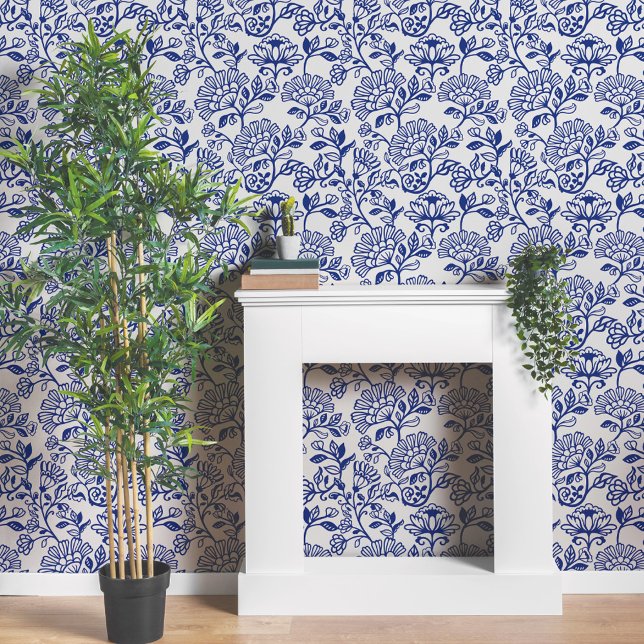 Dekoratives Verziertes griechisches Blumenmuster Tapete (Decorative Ornate Greek Blue Floral Line Pattern Wallpaper)