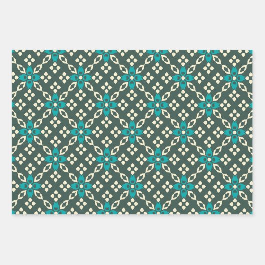 Dekoratives Verziertes Retro-Fliesenmuster in Aqua Geschenkpapier Set (Vorderseite 2)