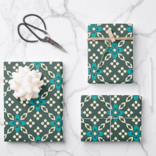 Dekoratives Verziertes Retro-Fliesenmuster in Aqua Geschenkpapier Set