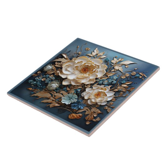Dekorgold und aquamarin blaues Blumendesign Fliese (Seite)