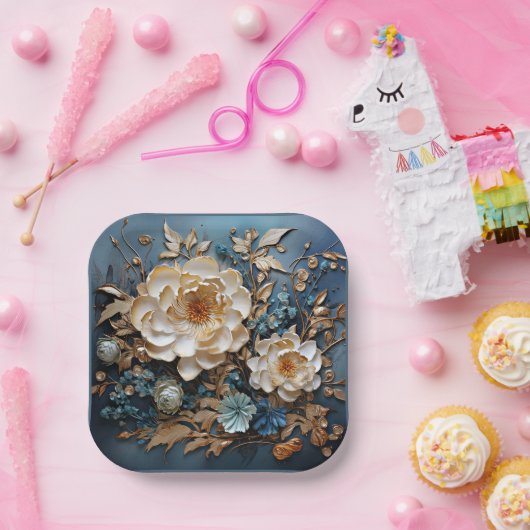 Dekorgold und aquamarin blaues Blumendesign Pappteller (Party)