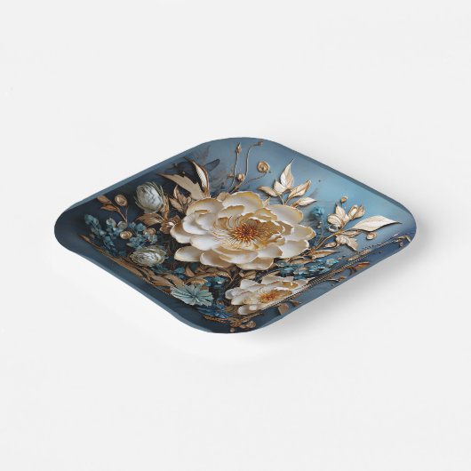 Dekorgold und aquamarin blaues Blumendesign Pappteller (Gewinkelt)