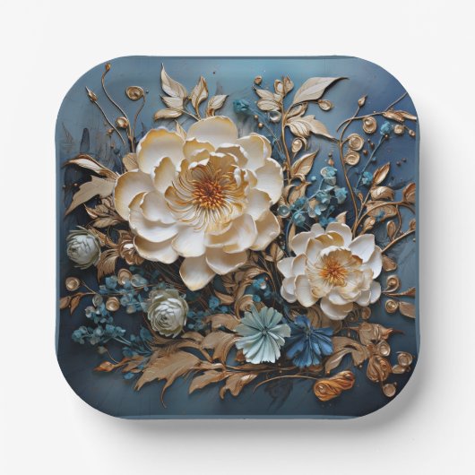 Dekorgold und aquamarin blaues Blumendesign Pappteller (Vorderseite)