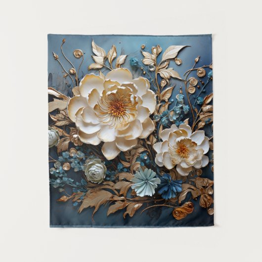 Dekorgold und aquamarin blaues Blumendesign Wandteppich (Vorderseite)