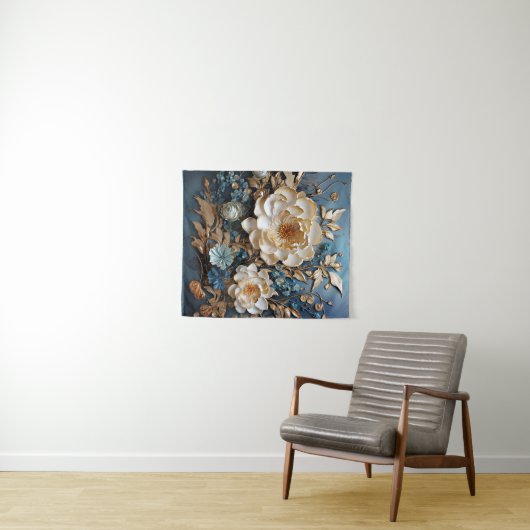 Dekorgold und aquamarin blaues Blumendesign Wandteppich (Beispiel (Horizontal))