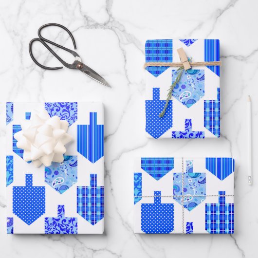 Dekorierte Dreidels weiß Geschenkpapier Set (Vorderseite)