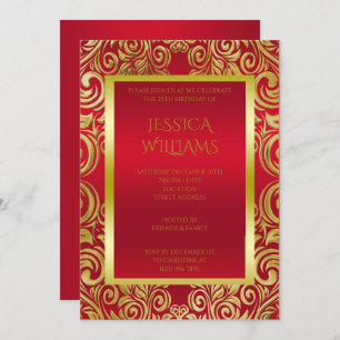 Dekorierte Gold Wirbel & Ruby Red Geburtstagsparty Einladung