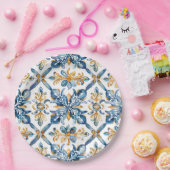 Dekorpapier-Teller mit blauen Fliesen im Mittelmee Pappteller (Party)