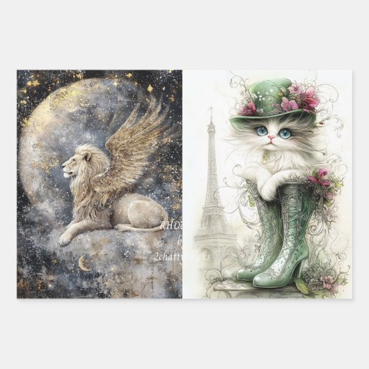 Dekoupage Buddha, Girl Rabbit, Lüster, Katze Geschenkpapier Set (Vorderseite)