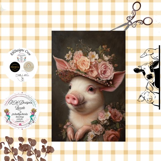 Dekoupage Charming Pig Ordiniert in rosa Blume Seidenpapier