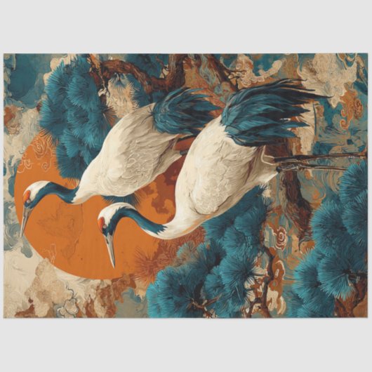 Dekoupage Cranes Asian Pine Tree mit aufstrebender Seidenpapier (Vorderseite)