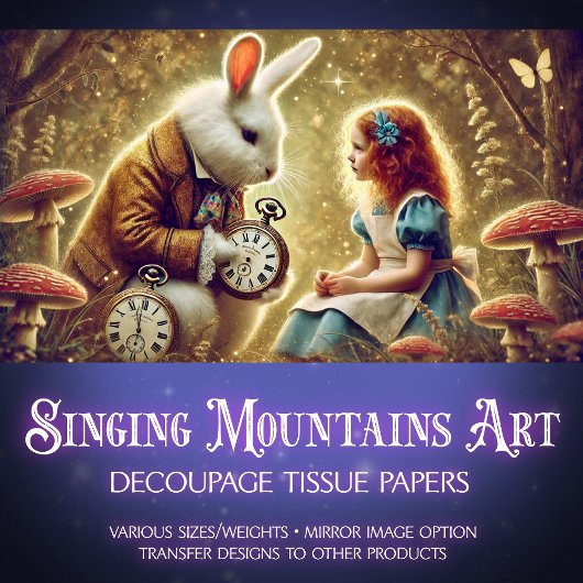 Dekoupage der Alice und White Rabbit Clock Collect Seidenpapier