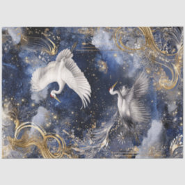 Dekoupage Elegante Krane in Flight Blue Gold Sky Seidenpapier