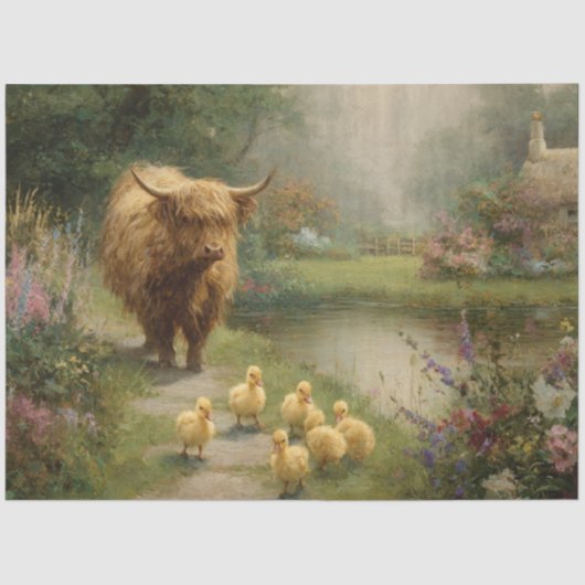 Dekoupage Farm Scene Highland & Ducklings Pond Seidenpapier (Vorderseite)