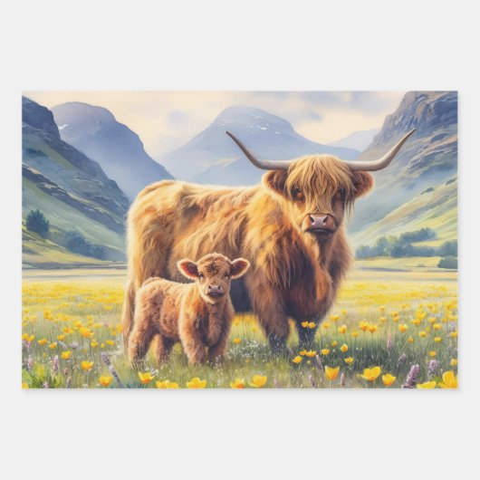 Dekoupage für das Hochlandkuh- und -kälferfeld Geschenkpapier Set (Vorderseite)