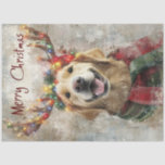 Dekoupage Golden Retriever Antlers & Christmas Seidenpapier<br><div class="desc">Das Bild zeigt eine goldene Retriever mit einem festlichen Kopfband mit Geweihten, die mit bunten Weihnachtsbeleuchtung geschmückt sind. Der Hund trägt auch einen roten und grünen Schal. Der Hintergrund hat ein strukturiertes, rustikales Aussehen. Oben auf dem Bild steht der Text "Frohe Weihnachten" in rot. Dieses Bild ist fröhlich und festlich,...</div>