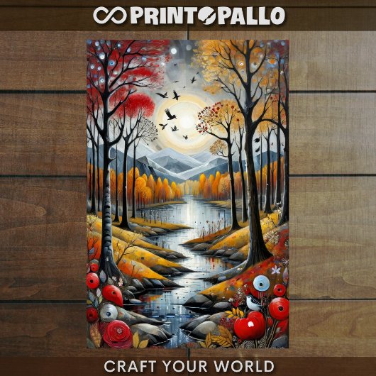 Dekoupage - Herbstwald, Fluss und Mond - Seidenpapier