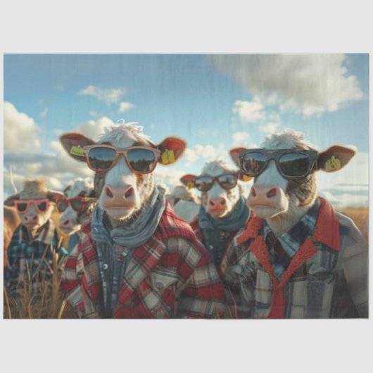 Dekoupage humorvolle Kühe verkleidet Farmkleidung Seidenpapier (Vorderseite)