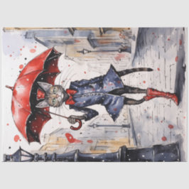 Dekoupage Katze mit rotem Regenschirm im Regen Seidenpapier