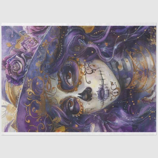Dekoupage Lila Day of the Dead Lady Seidenpapier (Vorderseite)