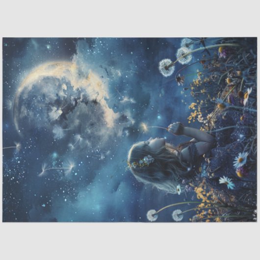 Dekoupage Little Girl Field Dandelions & Moon Seidenpapier (Vorderseite)