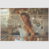 Dekoupage Mid Century Nostalgische Frau in Küche Seidenpapier (Vorderseite)