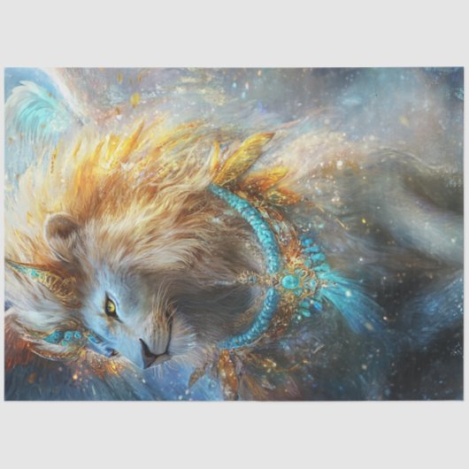 Dekoupage Mythische Löwe Aquamarin & Gold Verziert Seidenpapier (Vorderseite)