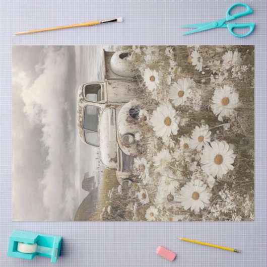 Dekoupage Nostalgic White Truck Field Daisies Seidenpapier (Basteln)