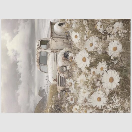 Dekoupage Nostalgic White Truck Field Daisies Seidenpapier (Vorderseite)
