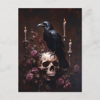 Dekoupage Raven auf Skull mit Kerzen Postkarte