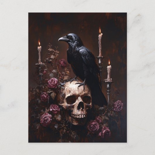 Dekoupage Raven auf Skull mit Kerzen Postkarte (Vorderseite)