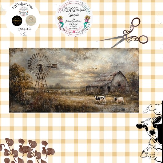 Dekoupage Rustic Rural Scene Barn Windmill Seidenpapier