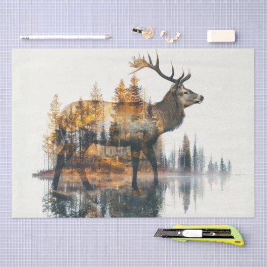 Dekoupage Silhouette Deer Double Exposure Wildlife Seidenpapier (Handwerk)