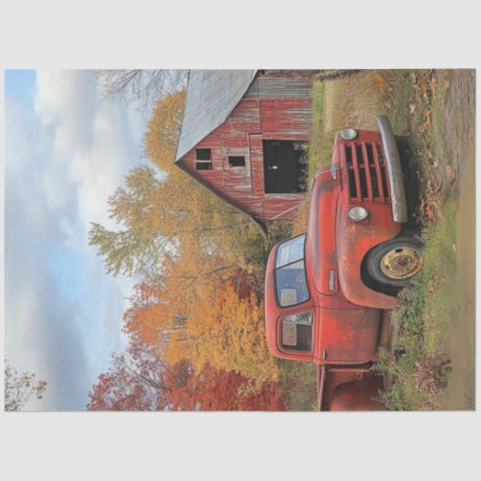 Dekoupage Vintag Rust Red Truck Autumn Scene Seidenpapier (Vorderseite)