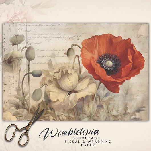 Dekoupage von Antique Red and Cream Poppies Seidenpapier