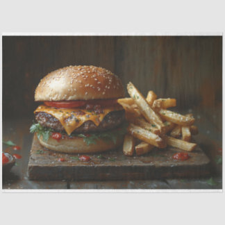 Dekoupage von Käseburger und Knoblauchfrites Seidenpapier