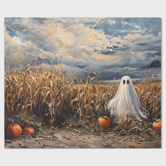 Dekoupage von Whimsical Ghost Corn Field Pumpkins Geschenkpapier (Flach)