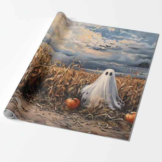 Dekoupage von Whimsical Ghost Corn Field Pumpkins Geschenkpapier (Ungerollt)