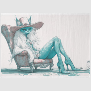 Dekoupage Whimsical Aquamarin White Cat in einem S Seidenpapier