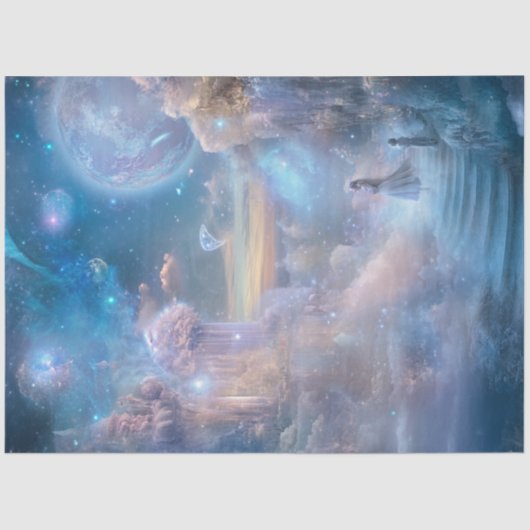 Dekoupage Whimsical Celestical Landscape Misty Blu Seidenpapier (Vorderseite)
