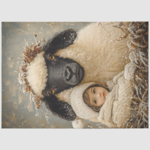 Dekoupage Whimsical Child Sitting with Sheep Seidenpapier