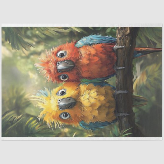 Dekoupage Whimsical Conure Parrots Lebendige Farbe Seidenpapier (Vorderseite)