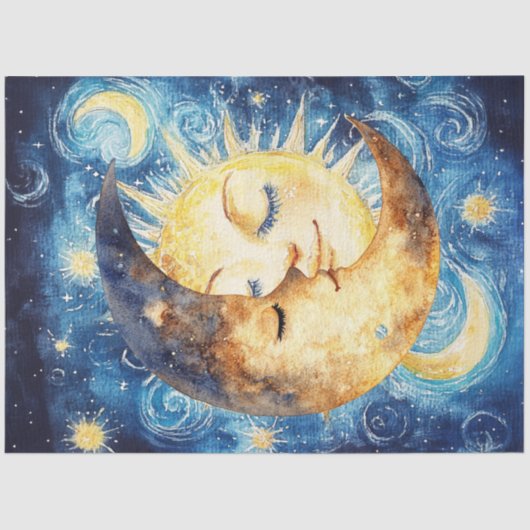 Dekoupage Whimsical Crescent Moon umgeben Sonne Seidenpapier (Vorderseite)