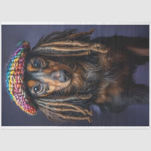 Dekoupage Whimsical Dackel mit Dreadlocks Seidenpapier (Vorderseite)