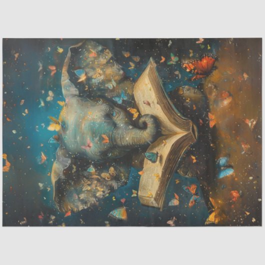 Dekoupage Whimsical Elephant mit Schulbüchern Seidenpapier (Vorderseite)