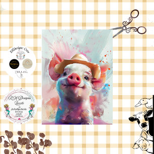 Dekoupage Whimsical Farm Pig mit Hut auf Bauernhof Seidenpapier