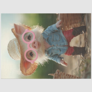 Dekoupage Whimsical Farm Piglet in Strohhut Seidenpapier