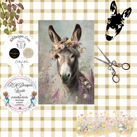 Dekoupage Whimsical Floral Donkey Farm Scene Seidenpapier