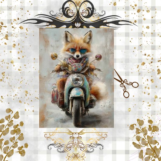 Dekoupage Whimsical Fox Riding Motorrad Seidenpapier