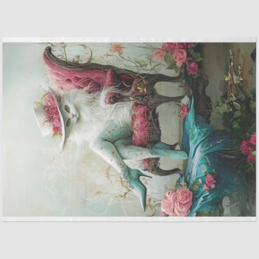 Dekoupage Whimsical Graceful Exotic Katze im Stuhl Seidenpapier (Vorderseite)